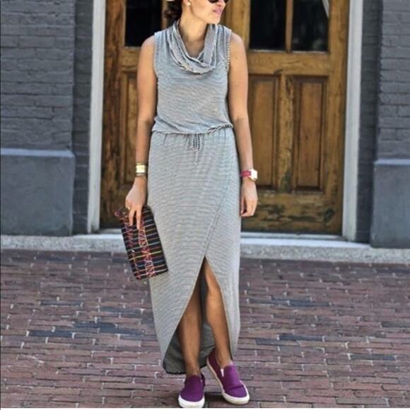 Anthropologie Dolan black white stripe cowl neck maxi dress size Large - Picture 1 of 16